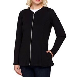 D & co. Active size Large black zip-front peplum long-sleeve jacket pockets, EUC